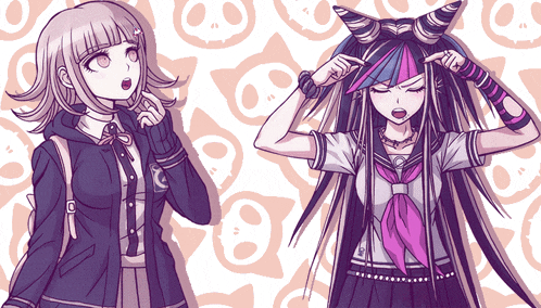 two anime girls are standing next to each other with a pattern of skulls on the background