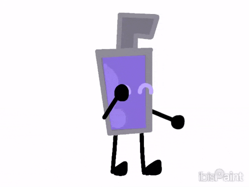 a cartoon drawing of a purple bottle with arms and legs is waving .