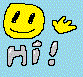 a pixel art drawing of a smiley face and the words hi on a blue background .