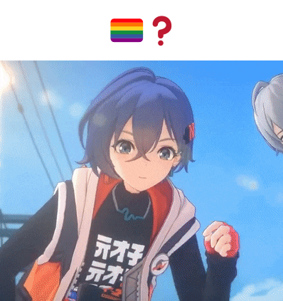 a girl with blue hair is wearing a black shirt with chinese writing and a red question mark