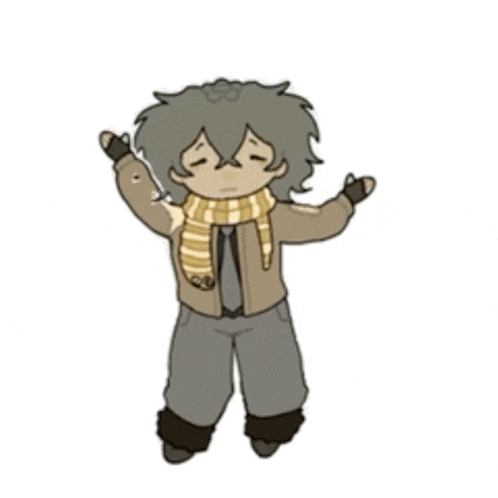 a cartoon character wearing a scarf and gloves is standing with his arms outstretched