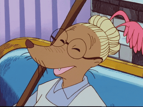 a cartoon drawing of an old lady with glasses and a bun
