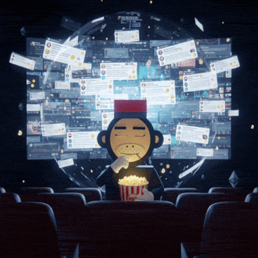 a cartoon monkey eating popcorn in front of a screen that says reddit