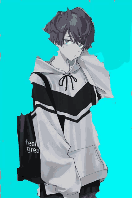 a drawing of a boy with a bag that says feel great