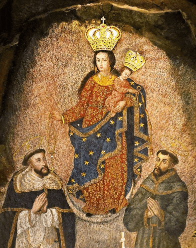 a painting of a woman holding a baby with two men praying behind her