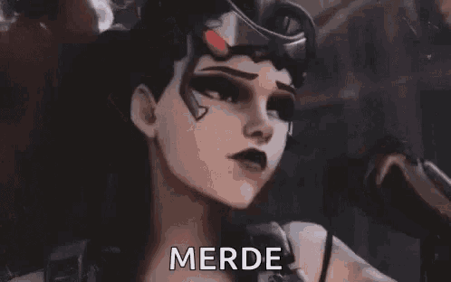 a close up of a cartoon character with black makeup and the word merde written on her face .
