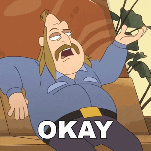 a cartoon man with a mustache is sitting on a couch with the word okay behind him