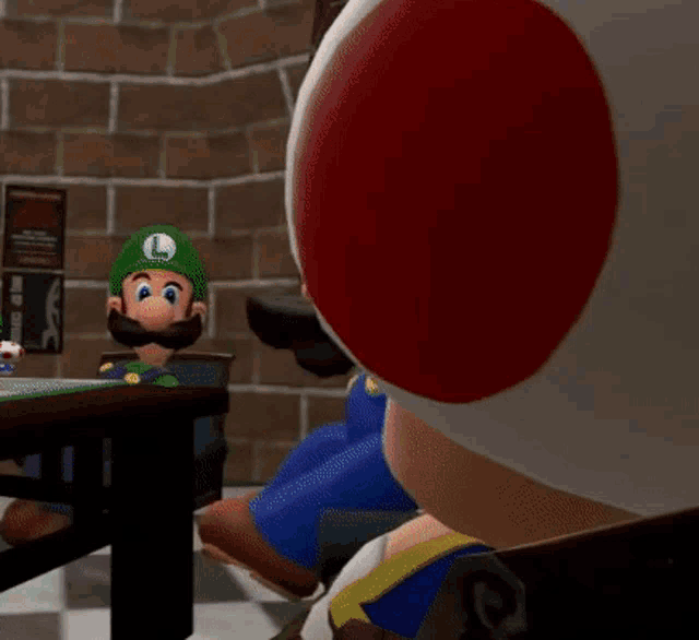 mario and toad are sitting at a table in a room .