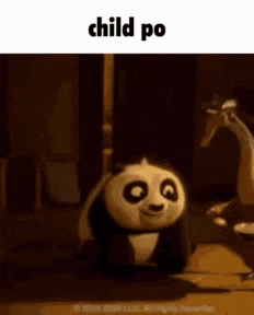 a panda bear is standing next to a giraffe in a dark room and says `` child po '' .