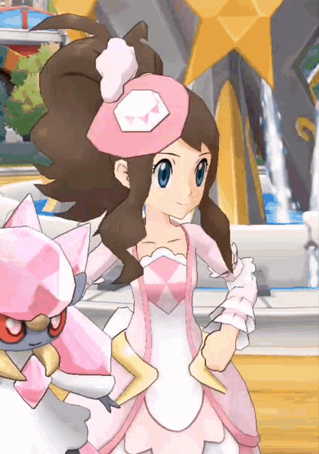 a girl in a pink and white dress stands next to a pokemon