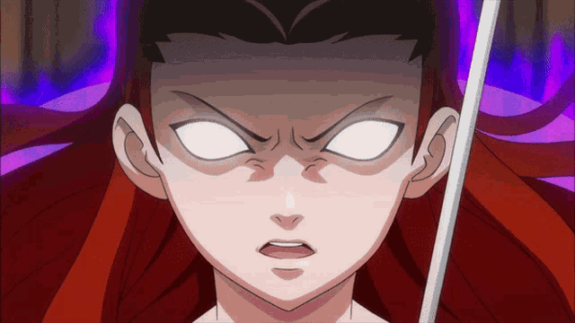 a cartoon character with red hair and white eyes holds a sword