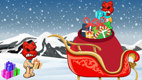 a cartoon drawing of a sleigh full of gifts and a baby