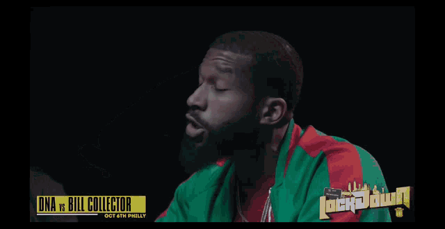 a man in a green and red jacket with the words ona vs bill collector at the bottom