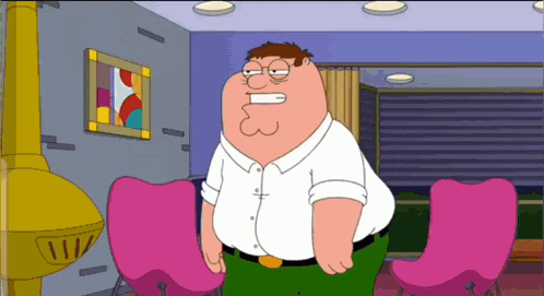 peter griffin from family guy stands in a living room