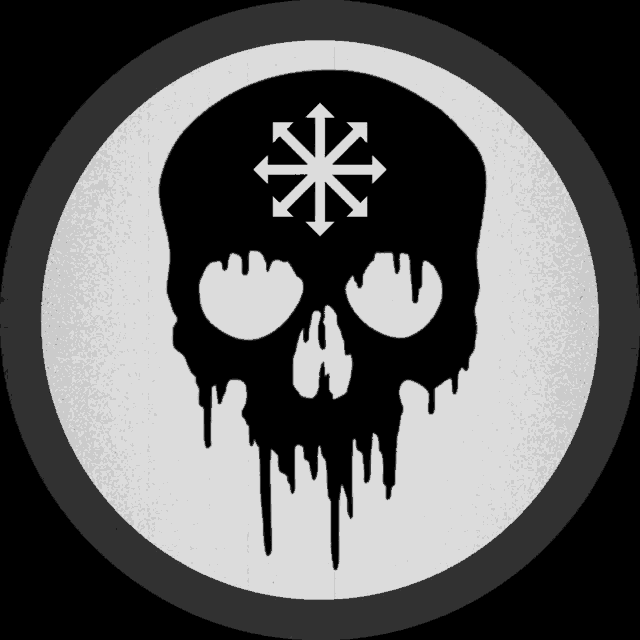 a black skull with arrows pointing in different directions