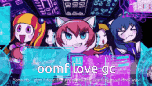 a group of cartoon characters standing next to each other with the words oomf love gc on the bottom .