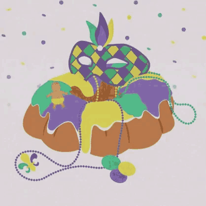 an illustration of a mardi gras donut with a mask and beads