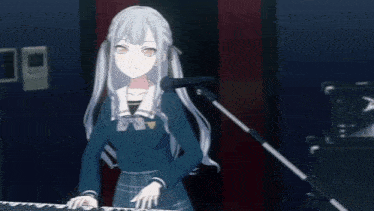 a girl with long white hair is playing a keyboard