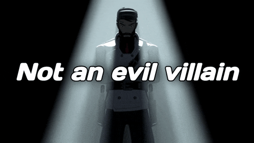 a man with a beard is standing in a spotlight with the words not an evil villain above him