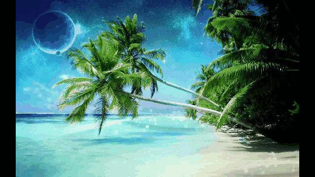 a computer generated image of a tropical beach with palm trees
