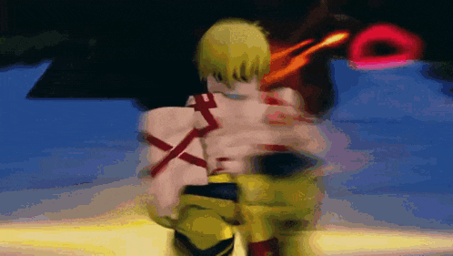 a cartoon character with yellow hair and red ribbons around his waist