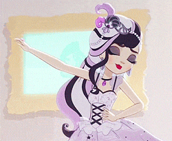 a cartoon drawing of a girl in a white dress and purple hat