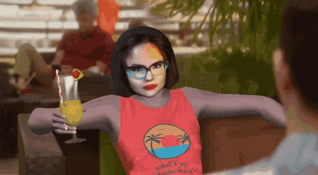 a woman in a red tank top that says what 's up beaches on it