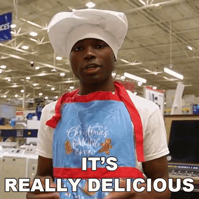 a man wearing a chef 's hat and apron says " it 's really delicious "