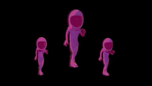 a group of yellow astronauts are walking in a line on a black background