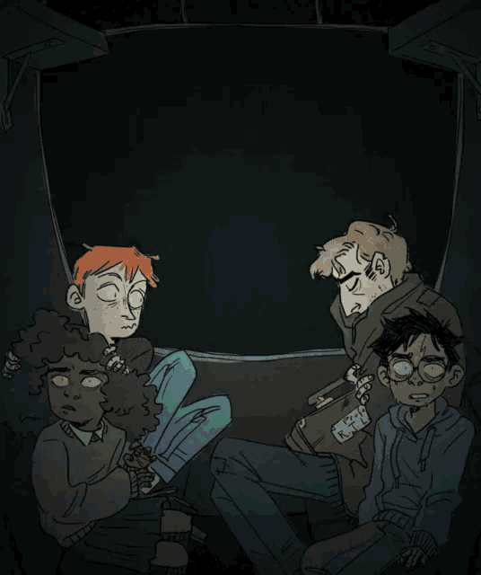 a group of people are sitting in front of a window with a shadow of a grim reaper on it