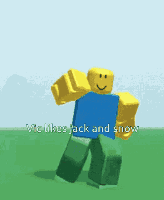 a picture of a roblox character that says vic likes jack and snow on it