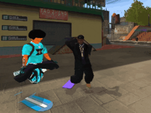 a video game shows a man riding a skateboard in front of a building that says tao zheng