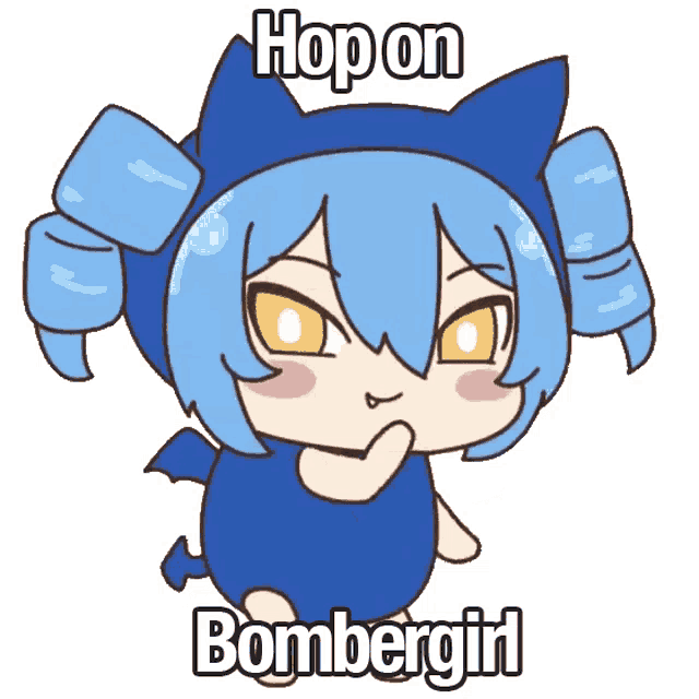 a cartoon of a girl with blue hair and the words hop on bombergirl below her