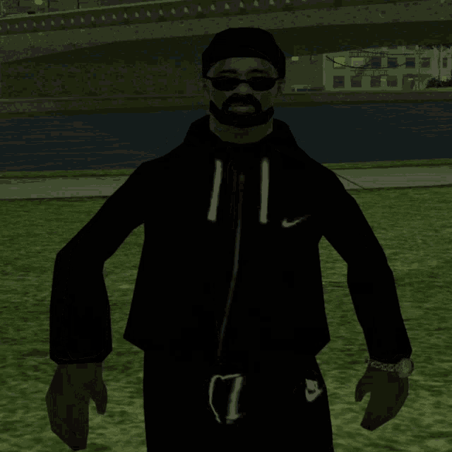 a man with a beard wearing sunglasses and a nike shirt