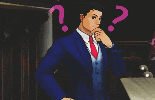 a man in a suit and tie has a question mark on his head
