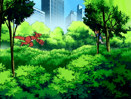 a cartoon drawing of a dinosaur running through a park