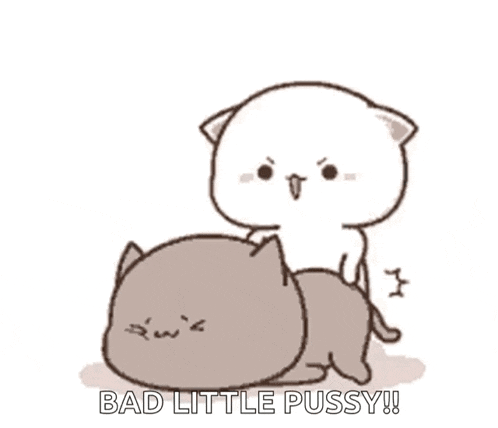 a cartoon cat is riding another cat on its back and says `` bad little pussy '' .