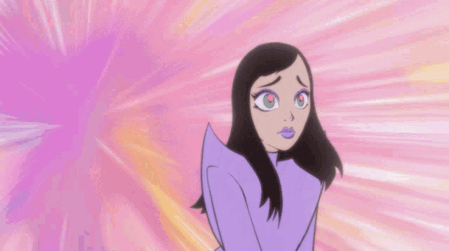a cartoon drawing of a woman in a purple suit