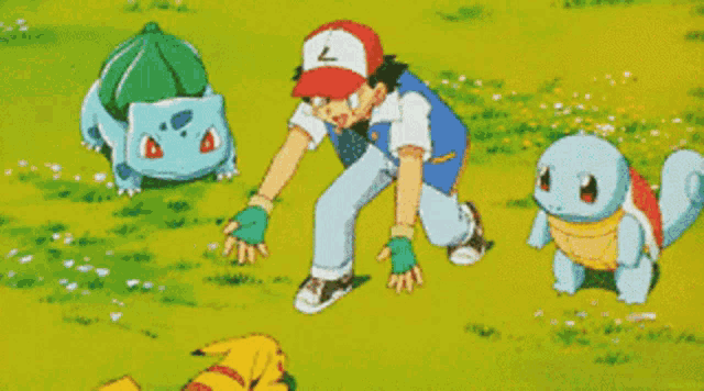 a man is kneeling down with a pikachu and a squirtle