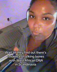 a woman wearing headphones has a caption that says wait till they find out there 's evidence of viking bones