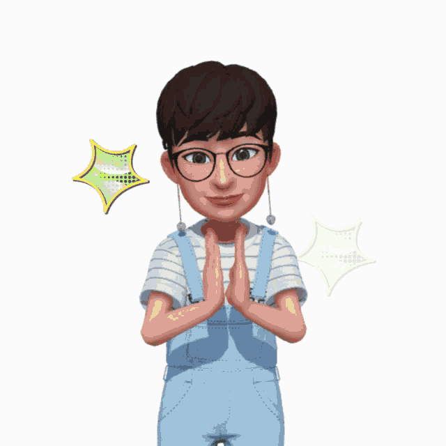 a cartoon character with glasses and blue overalls has his hands together