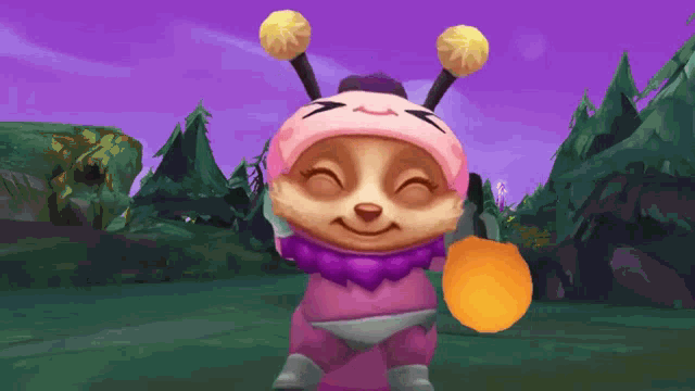 a cartoon character wearing a pink hat and holding an orange object