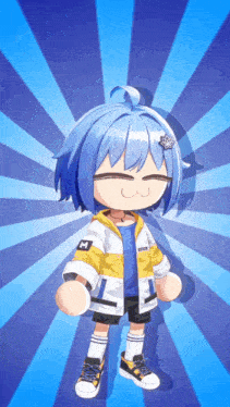 a girl with blue hair and a yellow jacket has the letter m on her jacket