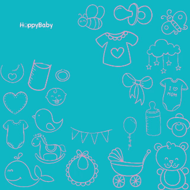 a pink and blue advertisement for happybaby with drawings of animals and clothes