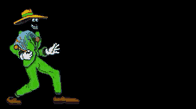 a cartoon character in a green suit and hat is walking on a black background