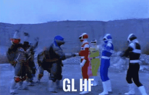 a group of power rangers are shaking hands with each other and the words gl hf are on the ground in front of them