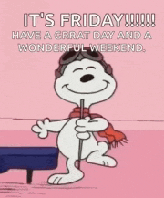a cartoon of snoopy holding a stick with the words it 's friday !!!
