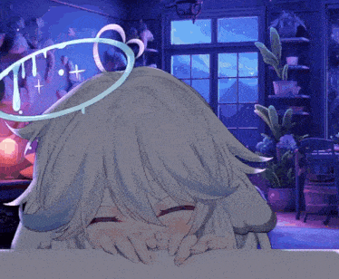 a drawing of a girl with white hair and a blue halo around her head