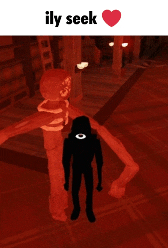 a silhouette of a person standing next to a skeleton with the words " ily seek " on the bottom