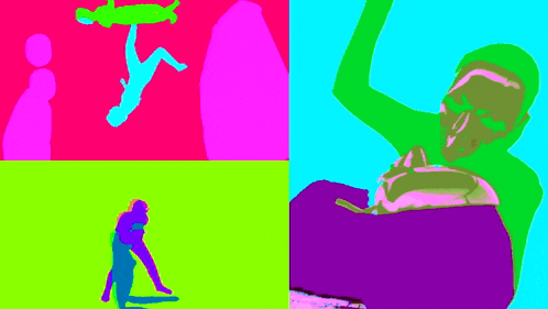 a collage of colorful images includes a person falling and a person laying down